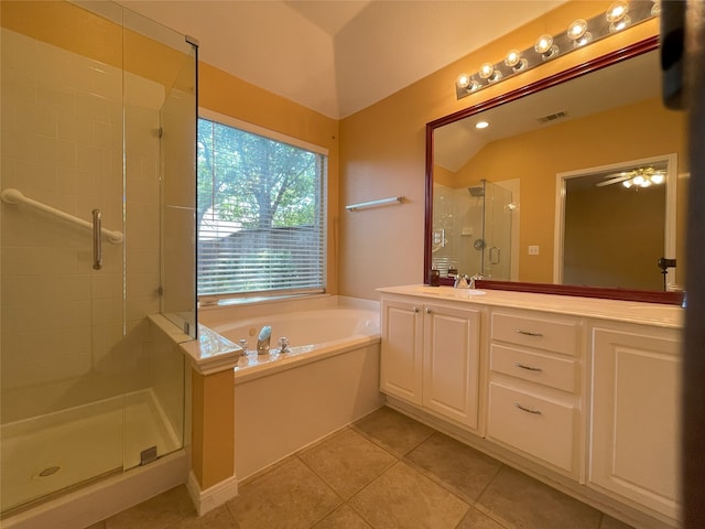 full bathroom with visible vents, a bath, a shower stall, tile patterned floors, and vanity
