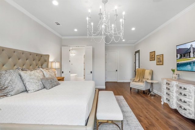 122 Hansma, Weatherford, TX 76087 - bedroom featuring crown molding, wood finished floors, a notable chandelier, and recessed lighting