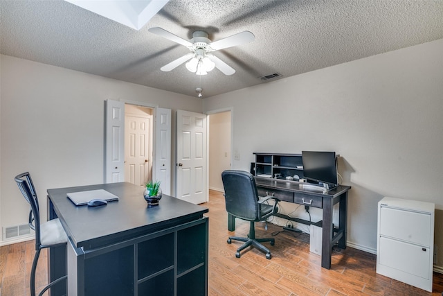 2605 Nighthawk Dr, Plano, TX 75025 - office area featuring ceiling fan, visible vents, a textured ceiling, and wood finished floors