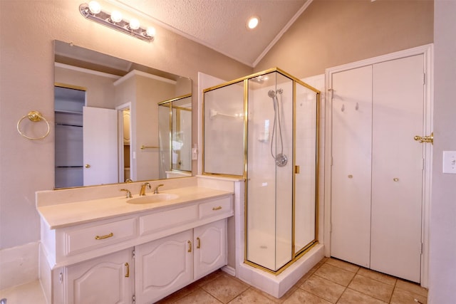 bathroom with a stall shower, ornamental molding, and tile patterned floors