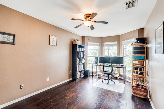 4219 Voss Hills Pl, Dallas, TX 75287 - office area featuring baseboards, hardwood / wood-style floors, visible vents, and ceiling fan