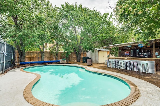 4219 Voss Hills Pl, Dallas, TX 75287 - view of swimming pool with a patio, an outdoor structure, a fenced backyard, a shed, and a fenced in pool