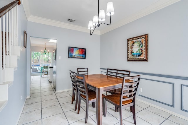 4219 Voss Hills Pl, Dallas, TX 75287 - dining room with ornamental molding, a notable chandelier, light tile patterned floors, and visible vents