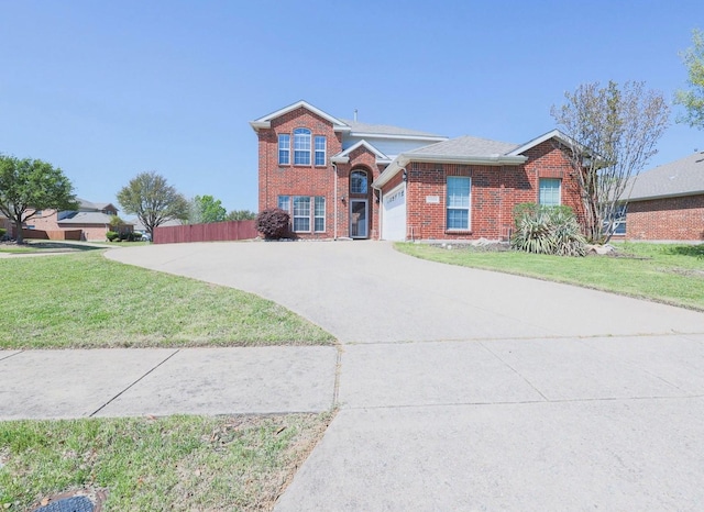 11805 Chaparral Dr, Frisco, TX 75035 - traditional-style house with an attached garage, fence, concrete driveway, a front yard, and brick siding