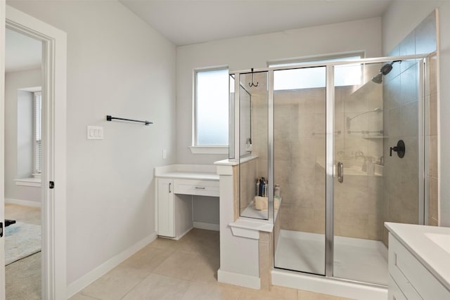 421 Hummingbird Dr, Celina, TX 75009 - full bathroom with vanity, a stall shower, baseboards, and tile patterned floors