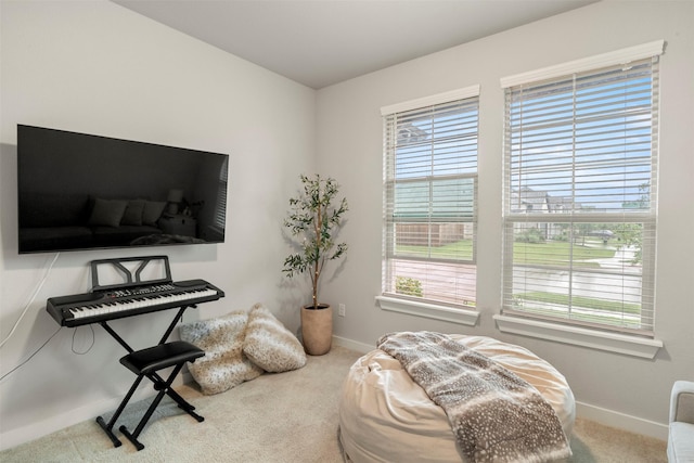 sitting room featuring baseboards and carpet