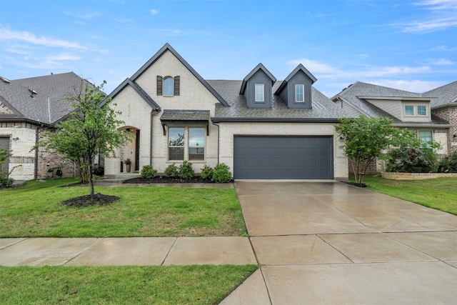 french country home with an attached garage, concrete driveway, a front lawn, brick siding, and roof with shingles