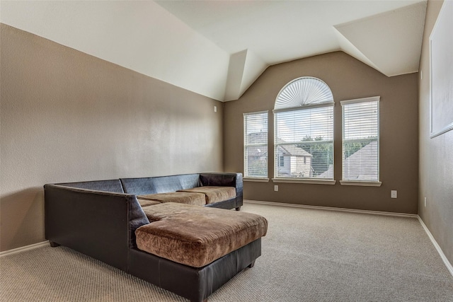 living area featuring lofted ceiling, carpet flooring, and baseboards