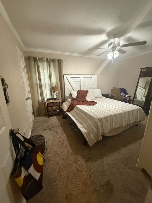1104 County Road 701, Cleburne, TX 76031 - bedroom featuring dark carpet, ornamental molding, and ceiling fan