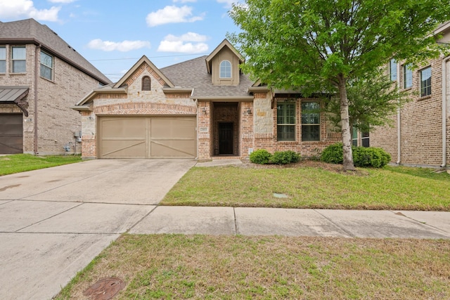 view of front of home with an attached garage, brick siding, driveway, a front yard, and a shingled roof