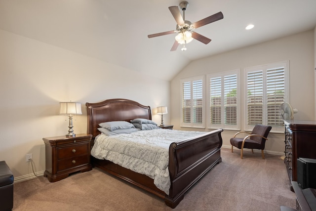 bedroom with recessed lighting, baseboards, carpet flooring, ceiling fan, and vaulted ceiling