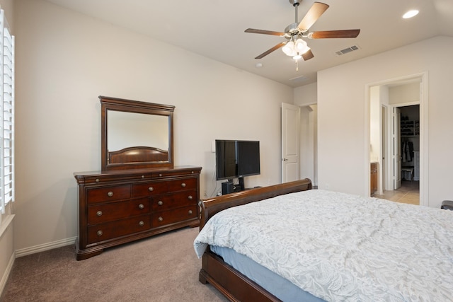 bedroom with recessed lighting, baseboards, ceiling fan, visible vents, and light carpet