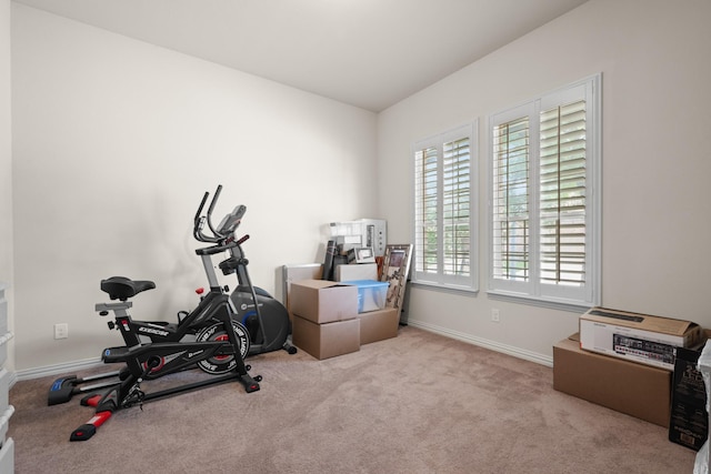 workout room featuring baseboards and carpet flooring