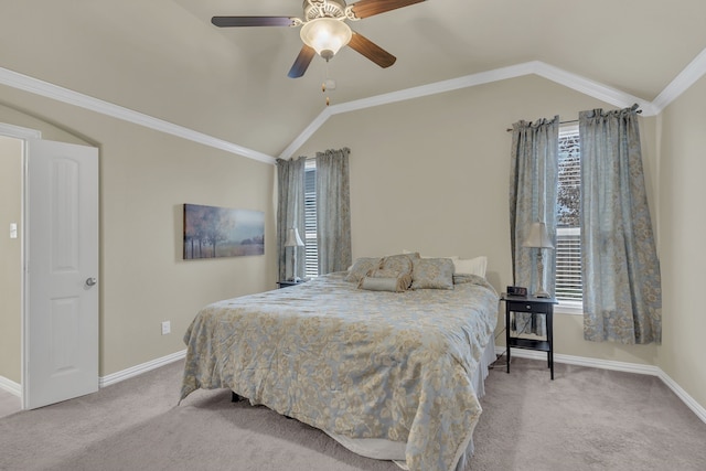 carpeted bedroom featuring baseboards, multiple windows, and vaulted ceiling