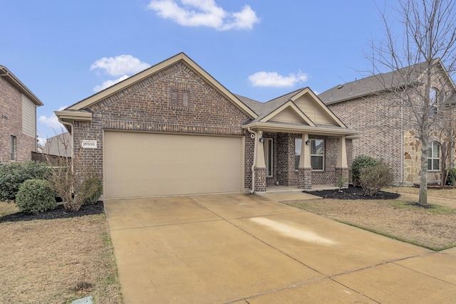 view of front of home featuring concrete driveway, brick siding, a garage, and a porch