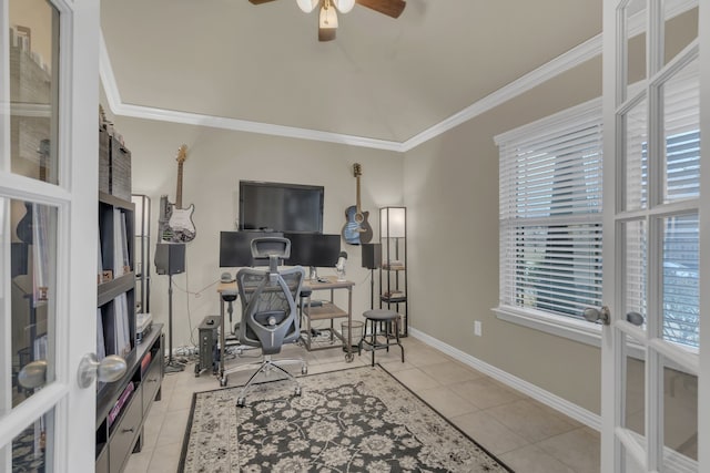 tiled office featuring french doors, crown molding, baseboards, and a ceiling fan