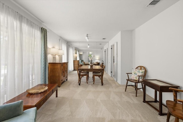 interior space featuring track lighting, light carpet, and visible vents