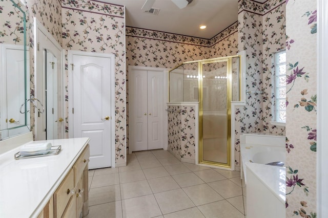 6200 Forest River Dr, Fort Worth, TX 76112 - full bathroom featuring a shower stall, tile patterned flooring, vanity, and wallpapered walls