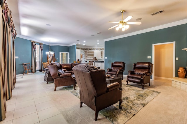 6200 Forest River Dr, Fort Worth, TX 76112 - living area featuring crown molding, light tile patterned flooring, ceiling fan with notable chandelier, and baseboards