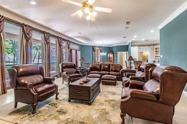 6200 Forest River Dr, Fort Worth, TX 76112 - living room with crown molding, light tile patterned flooring, ceiling fan, and recessed lighting