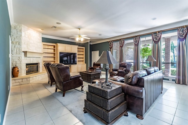 6200 Forest River Dr, Fort Worth, TX 76112 - living area featuring light tile patterned flooring, visible vents, a fireplace, ceiling fan, and crown molding