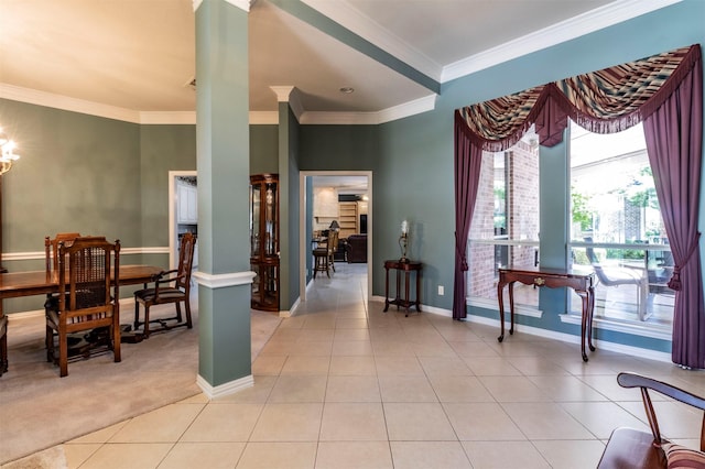 6200 Forest River Dr, Fort Worth, TX 76112 - foyer featuring light colored carpet, crown molding, light tile patterned flooring, and baseboards