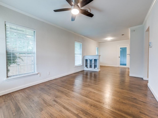 3703 Clover Ln, Dallas, TX 75220 - unfurnished living room with ornamental molding, baseboards, a ceiling fan, and wood finished floors