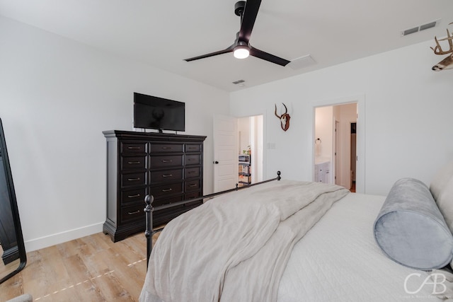 7001 Breezeway Dr, Abilene, TX 79606 - bedroom featuring visible vents, a ceiling fan, connected bathroom, baseboards, and light wood-style floors