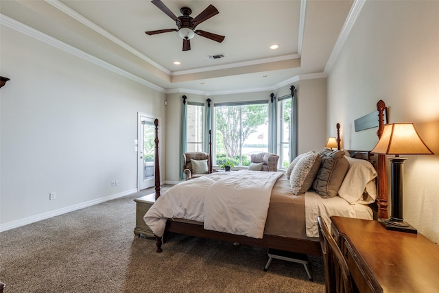 carpeted bedroom with a raised ceiling, access to outside, recessed lighting, a ceiling fan, and baseboards