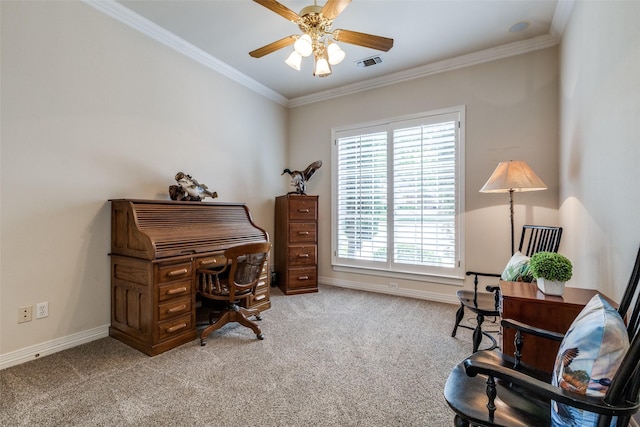 office with light carpet, ceiling fan, crown molding, and baseboards