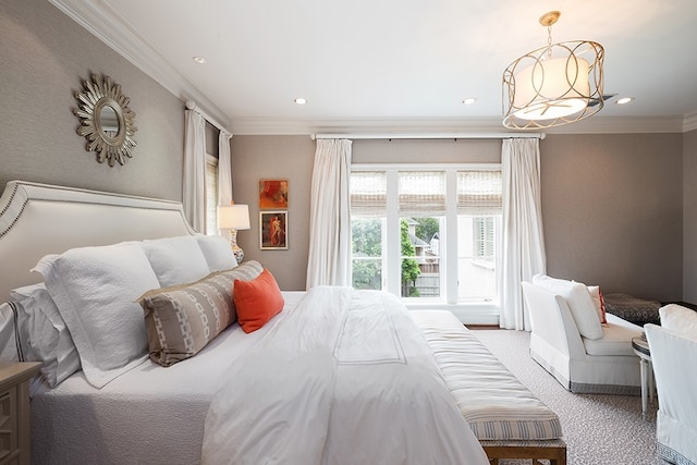 bedroom with crown molding, baseboards, carpet, and recessed lighting