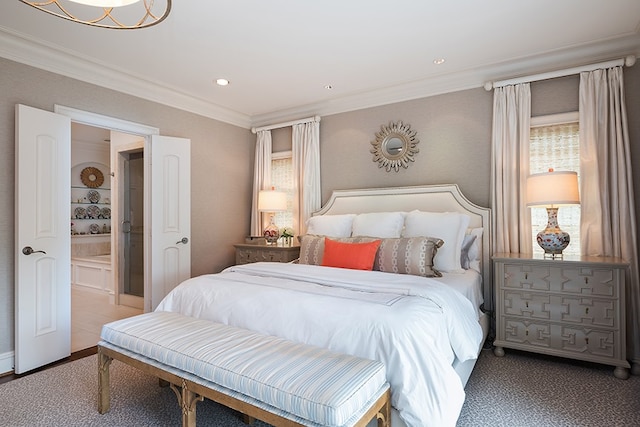 bedroom featuring ornamental molding and recessed lighting