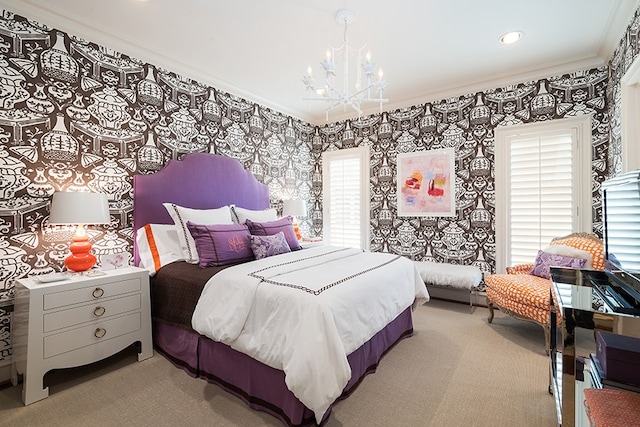 bedroom with recessed lighting, crown molding, an inviting chandelier, carpet floors, and wallpapered walls