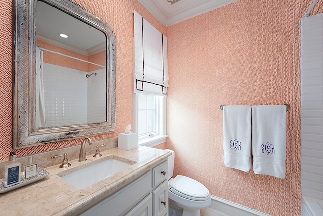 bathroom featuring toilet, walk in shower, vanity, and crown molding