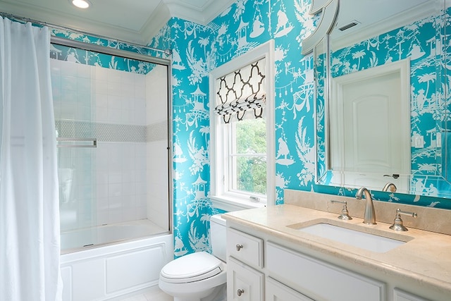 full bath featuring ornamental molding, toilet, wallpapered walls, and visible vents