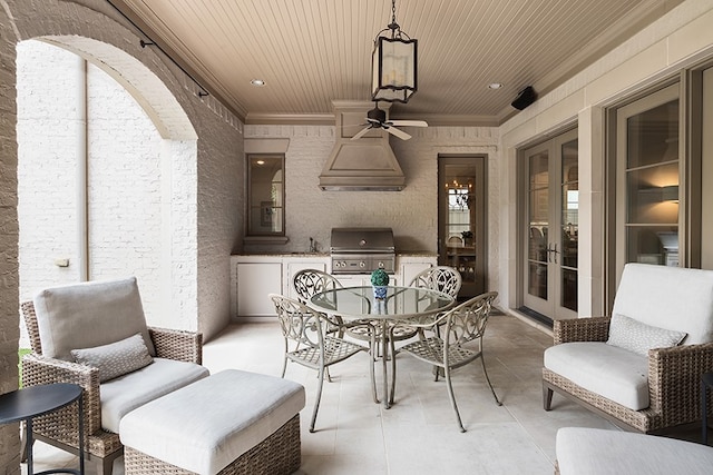 view of patio featuring a ceiling fan, outdoor dining space, area for grilling, french doors, and grilling area