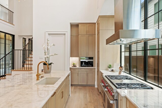 13696 Declan St, Frisco, TX 75033 - kitchen featuring wall chimney range hood, a sink, stainless steel range, a towering ceiling, and light wood finished floors