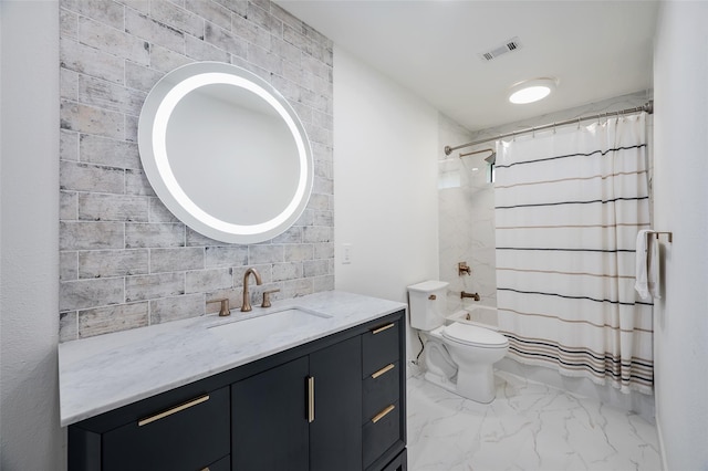 1413 Pecan Creek Dr, Garland, TX 75044 - full bathroom featuring shower / bath combination with curtain, toilet, visible vents, marble finish floor, and vanity