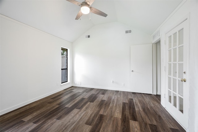 1413 Pecan Creek Dr, Garland, TX 75044 - spare room with vaulted ceiling, dark wood-style flooring, visible vents, and ceiling fan
