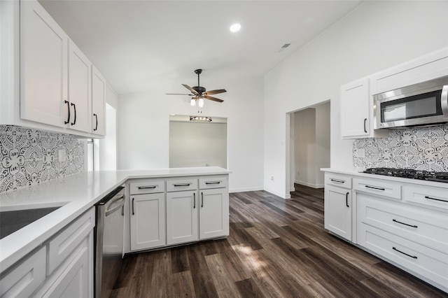 1413 Pecan Creek Dr, Garland, TX 75044 - kitchen featuring a peninsula, tasteful backsplash, dark wood finished floors, ceiling fan, and appliances with stainless steel finishes