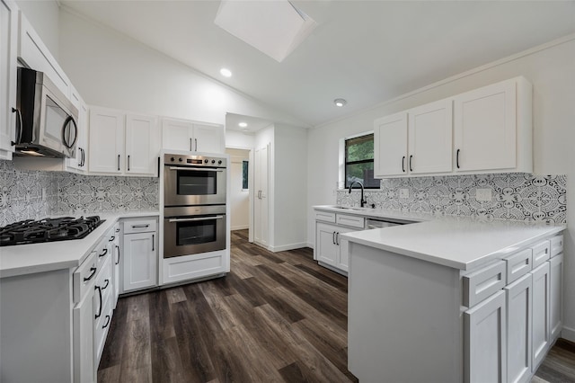 1413 Pecan Creek Dr, Garland, TX 75044 - kitchen featuring lofted ceiling, a sink, white cabinetry, dark wood-type flooring, and appliances with stainless steel finishes