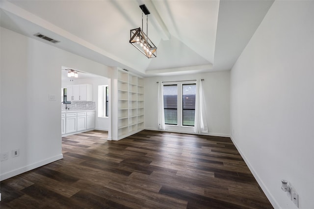 1413 Pecan Creek Dr, Garland, TX 75044 - unfurnished dining area featuring lofted ceiling, baseboards, dark wood-style floors, and visible vents