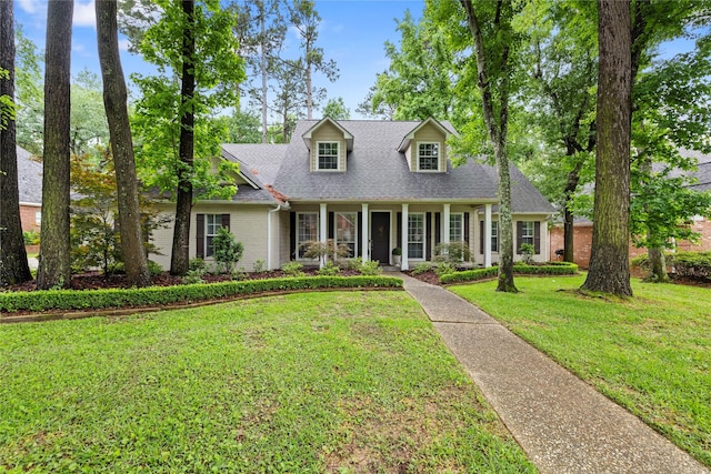 3517 Woods Blvd, Tyler, TX 75707 - cape cod home with a shingled roof, brick siding, a front yard, and a porch