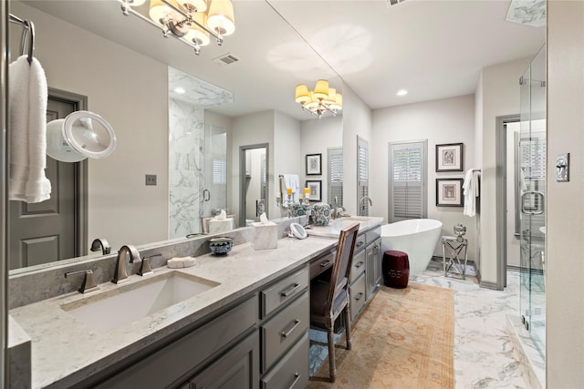3517 Woods Blvd, Tyler, TX 75707 - full bath with a stall shower, marble finish floor, visible vents, a sink, and a soaking tub