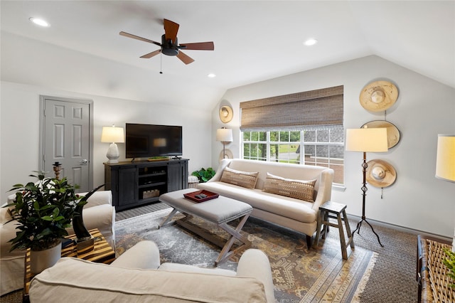 3517 Woods Blvd, Tyler, TX 75707 - living area featuring a ceiling fan, lofted ceiling, and recessed lighting