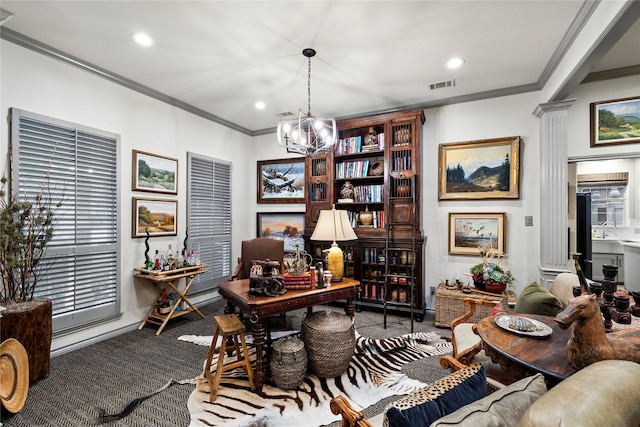 3517 Woods Blvd, Tyler, TX 75707 - carpeted office space featuring ornamental molding, baseboards, visible vents, recessed lighting, and a notable chandelier