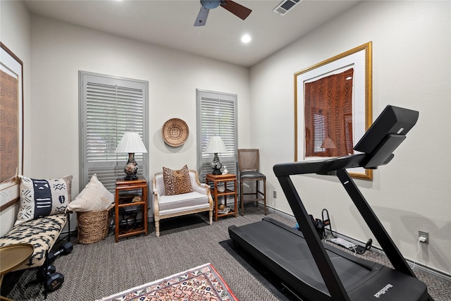 3517 Woods Blvd, Tyler, TX 75707 - exercise area featuring a ceiling fan, recessed lighting, visible vents, and carpet