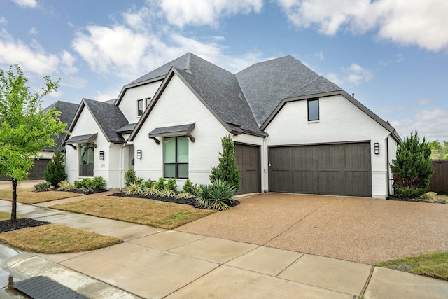 view of front of house featuring concrete driveway, a shingled roof, brick siding, and an attached garage