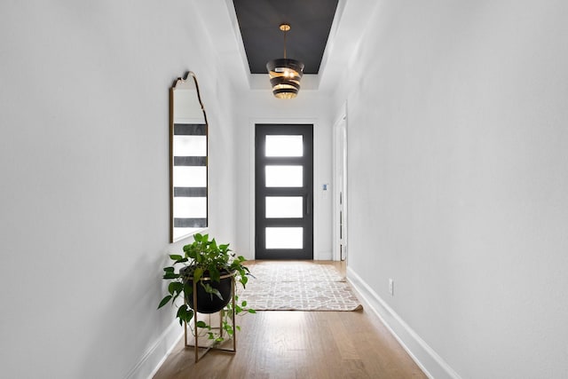 doorway with baseboards and wood finished floors