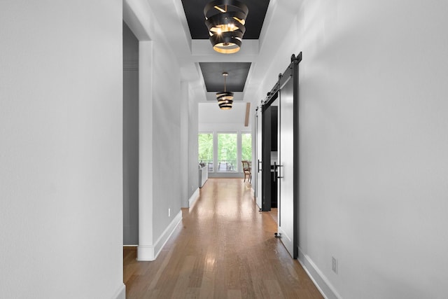 corridor featuring baseboards, light wood-style flooring, and a barn door